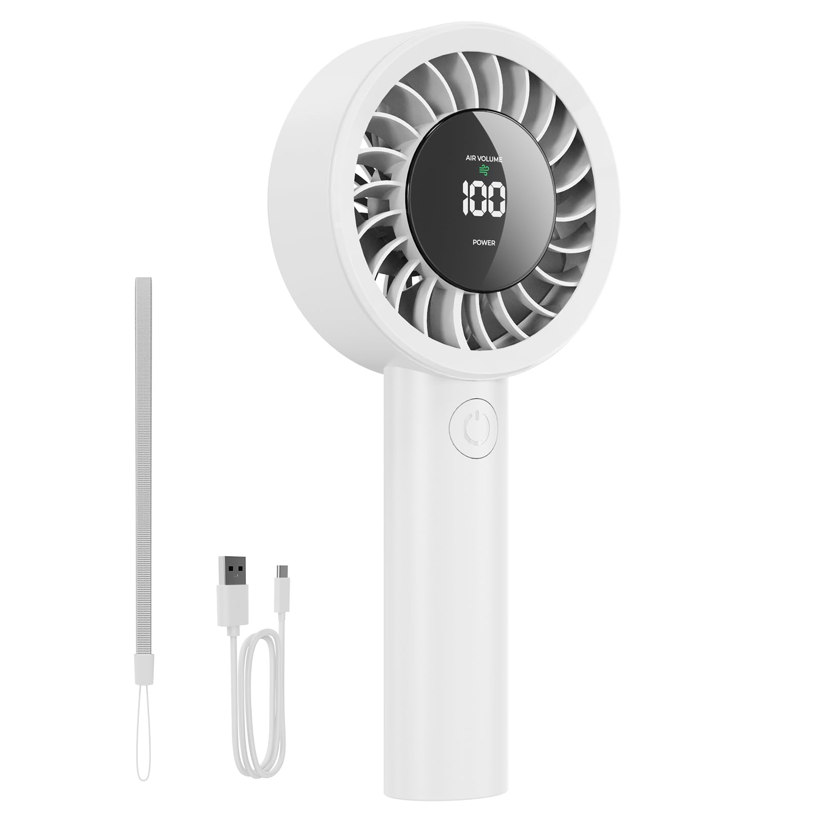 USB Tragbar Leiser Handventilator - 4000mAh Wiederaufladbar Starker Luftstrom Ventilator mit Lanyard, LED-Display, 5 Geschwindigkeitsstufen, Kompakt für Reise, Büro, Outdoor & Zuhause