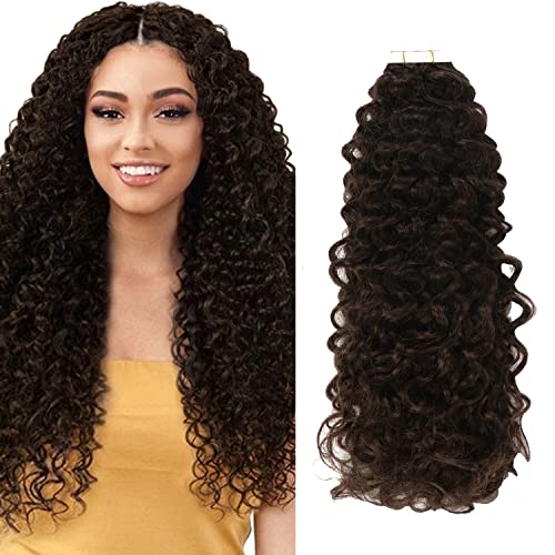 Anrosa Jerry Curly Hair Extensions Real Human Hair Tape in Darkest Brown