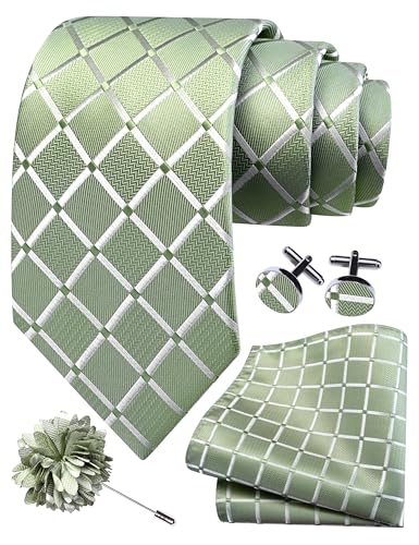 Image of GUSLESON 3.15 inch(8cm) Mens Tie and Lapel Pin Plaid Checkered Necktie Hankerchief Cufflinks Set for Men