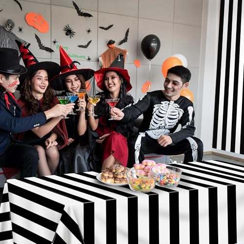 Image of Kochorie 100 Ft x 54 Inch Black & White Striped Tablecloth Roll with Cutter Box Disposable Halloween Plastic Tablecloth Cut to Size Table Cover Backdrop for Halloween Backdrop Stage Party Supplies