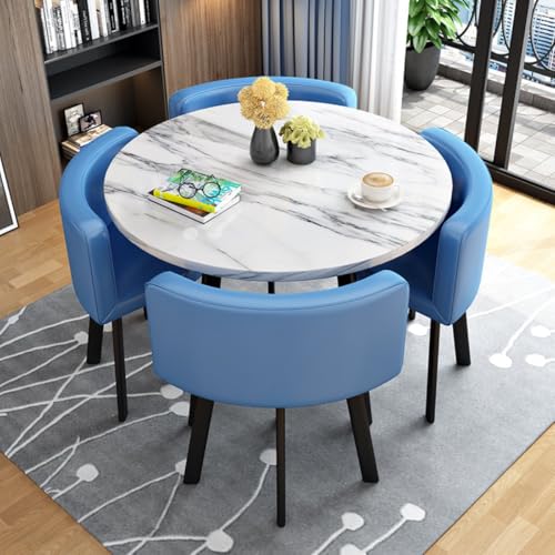 Image of Round Faux Marble Reception Table and Chairs Set, Dining Table Set for 4, Space Saving Reception Desk for Home and Apartment, Office, Conference Room, Lounge