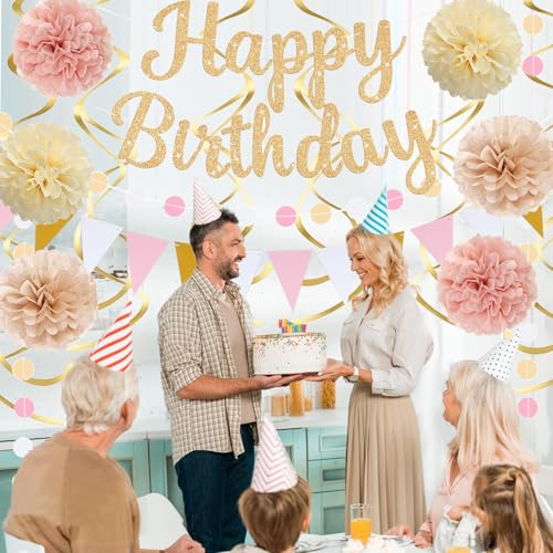 Image of Gold Birthday Decorations, Happy Birthday Banner and Paper Pompoms, Hanging Swirls, Circle Dots Garland, Pennant Flags for Girls Women Party Decorations