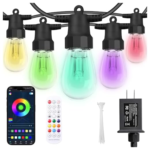 Outdoor String Lights 50FT, Outdoor Lights for Patio with 20 Dimmable RGBW LED Bulbs, IP66 Waterproof Shatterproof, with APP Control & Remote, 24V Adapter Color Change,for Backyard Decor