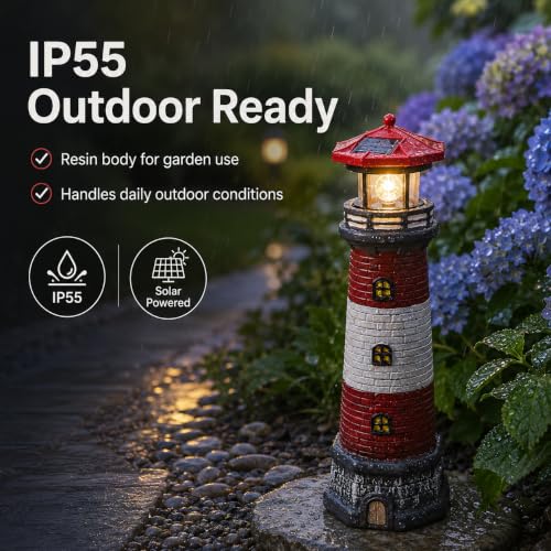Image of Solar Lighthouse Outdoor Statues, 360 Rotating Beacon Garden Lighthouse, 15 inch Light House for Outside Garden Yard Decor, Waterproof Resin Nautical Figurines for Patio Lawn Landscape Lighting (Red)