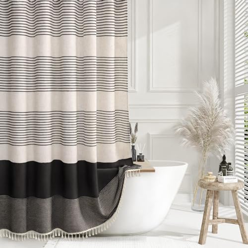 XOGUIBO Black Shower Curtain Boho Linen Striped Shower Curtains for Bathroom with Tassel 72 X 72