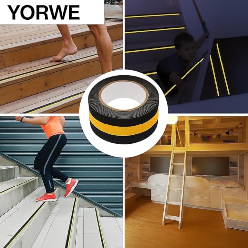 Image of Yorwe Anti Slip Stair Tape with Glow in the Dark Strip - Heavy Duty Waterproof Non Slip Traction Tape for Stairs, Steps, Outdoor & Indoor Safety (Black and Yellow, 10 Meter)