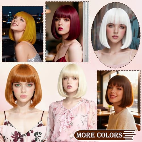 Image of PLULON Dark Brown Short Bob Wig with Bangs for Women, Colorful Neon Short Bob Synthetic Hair Wigs with Hair Cap Heart Sunglasses for Girls Men Daily Bachelorette Halloween Costume Party Supplies