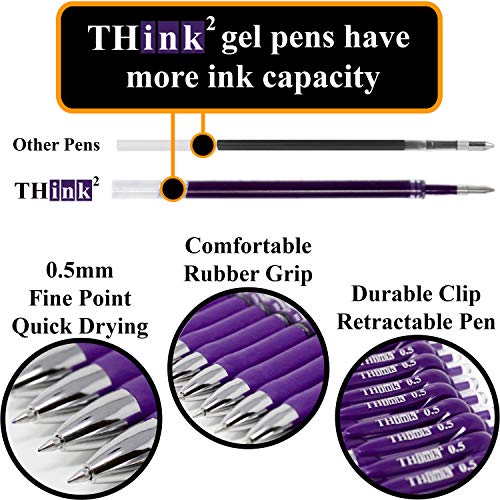 Image of [24 Pens - Purple Ink] Think2 Retractable Gel Pens. (24 Purple) Fine Point (0.5mm) Rollerball Pens with Comfort Grip.