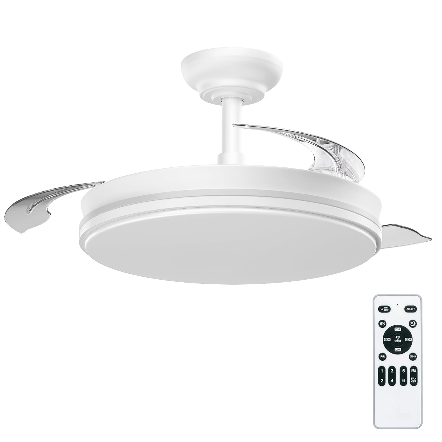 Ventilador con Luz LED 72W 50CM de 7590lm, Motor DC, temporizador, 6 velocidades, aspas retráctiles, CCT, función verano-invierno Silencioso, Controlador Incorporado (Blanco Mate)
