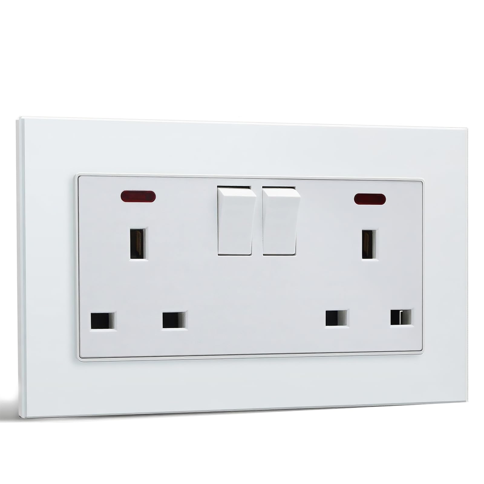 BSEED Double Socket 13A with LED Indicator, Double Switched Wall Socket 2 Gang UK Standard, Electric Switched Plug Power Wall Outlet with Glass Panel, White — image 1