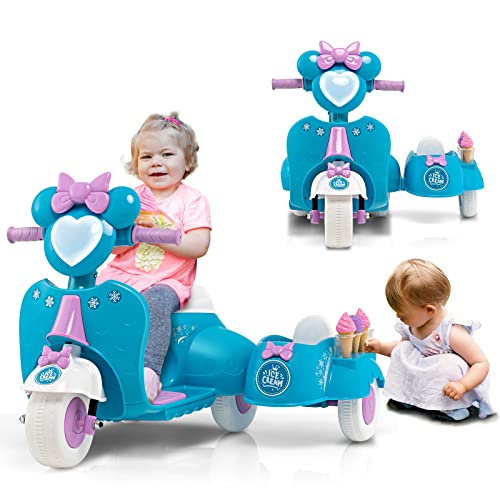 GOPLUS Moto Électrique Enfants 3-8 Ans de Gelato avec 1 Bac Latéral, Scooter 6V de 3 Glace avec Phare Forme de Cœur, 2.5km/h Jusqu’à 30kg Cadeau Garçon Filles(Bleu)