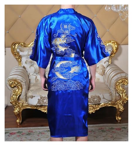 Mens Silk Kimono Robe Mens Japanese Silk Dragon Bathrobe Chinese Kimono Robe Men Open Front Long Cloak with Belt(Blue,XXXX-Large)2