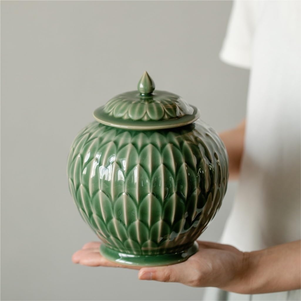 HLTYGWX Słoik na cukier Seledyn Wytłaczany ceramiczny słoik do przechowywania luźnej herbaty Chiński retro zestaw do herbaty Pojemnik z pokrywką Ceramiczny słoik Słoik do przechowywania żywności