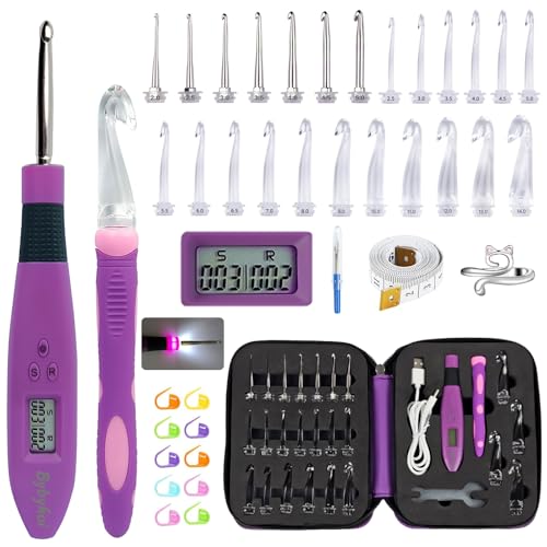 Bybykoi Light Up Crochet Hooks Set with 24 Interchangeable Crochet Kit Digital Counter 2 Levels LED Beginner Knitting Kit for Stitch and Row Counter