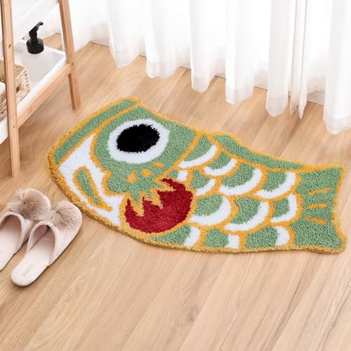 Feblilac Niedlicher Badezimmerteppich, weicher grüner Fisch-Badteppich, japanisches Koi-Dekor, Akzentteppich, Mikrofaser, rutschfeste Matte für Badewanne, Duschraum, Bodenteppich, maschinenwaschbar,