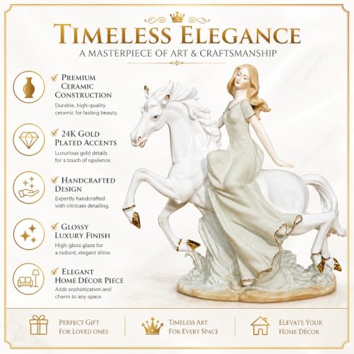 Image of Armonia Royal Grace Lady with Horse Figurine, Premium Ceramic Statue with 24K Gold-Plated, Luxury Home Decor Showpiece for Living Room, Office,Shelf Decoration, Housewarming & Gift for Women,11.8 Inch