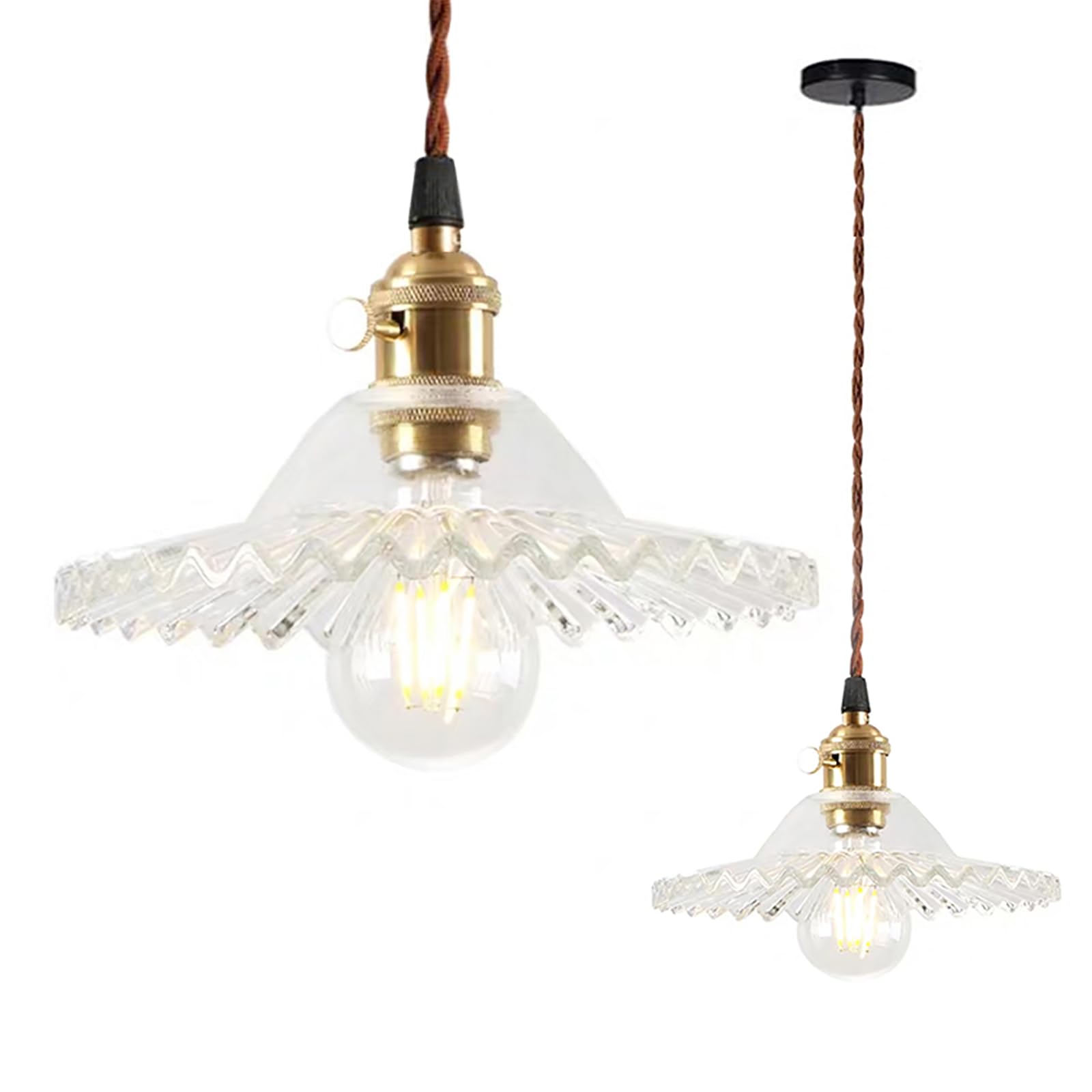 Industrial Retro E27 Lámpara Colgante de Cristal Vintage, Transparente | Lámpara de Techo, Colgante de luz con Portalámparas de Latón Para Dormitorio Restaurante Sala de Estar