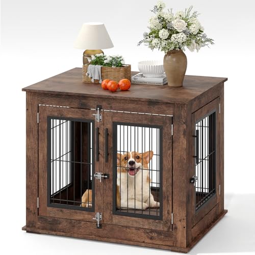 Farmhouse Wooden Dog Crate End Table with Double Doors