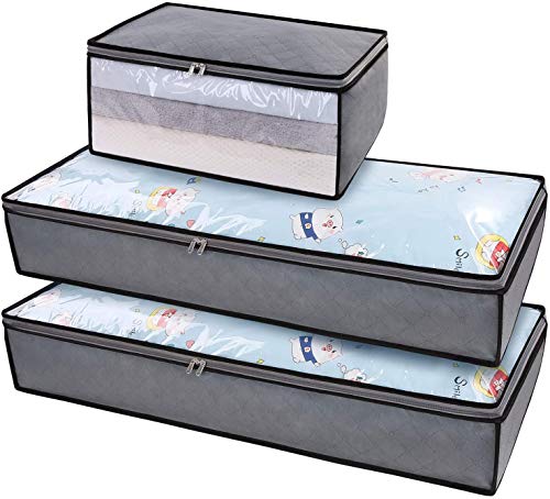 DIMJ Juego de 3 Bolsa de Almacenamiento de Ropa Bajo la Cama Gran Capacidad Organizador de Edredones con Ventana Transparente Bolsas para Edredones Mantas Ropa (gris)