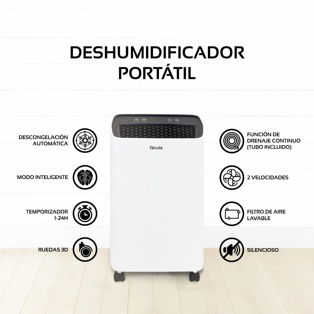 Fácula - Deshumidificador Gobi 12 l/día | Control Inteligente | Depósito extraíble 2l | Modo Auto | Temp 1-24h