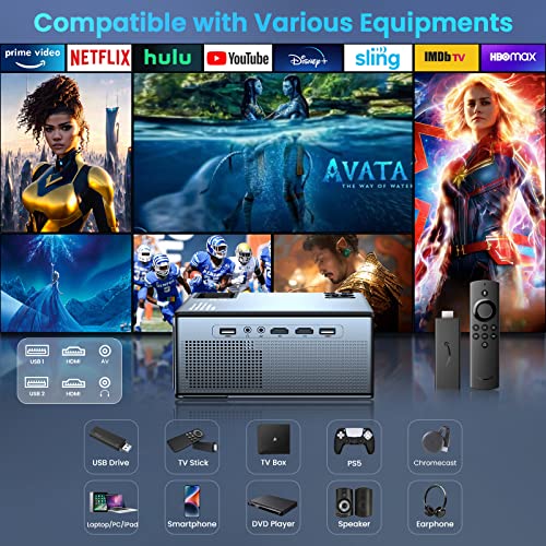 Outdoor Projector with 5G WiFi, Bluetooth, 1080P Resolution, Max 300 Display, for Movies & Gaming.