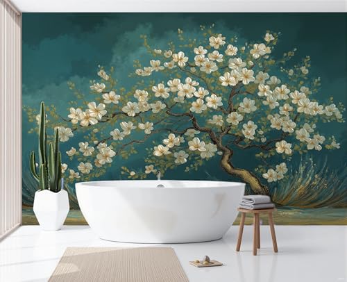 Papier Peint en Soie Arbre à Fleurs Blanches Effet Huile Vintage 200x140cm - 5