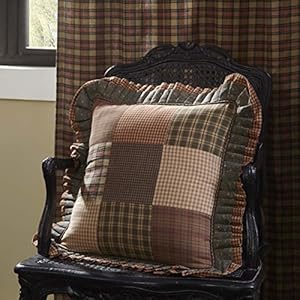 VHC Brands Primitive Bedding Cinnamon Plaid Cotton Patchwork Square Cover Insert Pillow Dark Olive Green