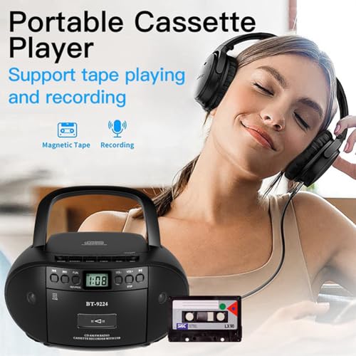 Boombox portatile Bluetooth con lettore CD, cassette, radio AM/FM, telecomando, batteria o alimentazione CA per intrattenimento musicale domestico e all'aperto