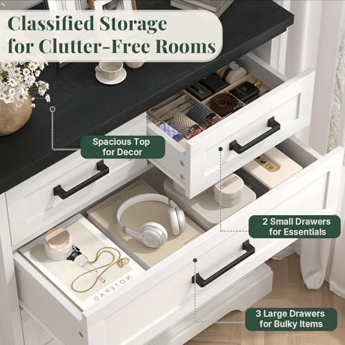 Image of 5 Drawer Dresser for Bedroom, Chest of Drawers with Modern Farmhouse Style, Wood Structure Storage Dresser with Metal Slides, Anti-Tipping Kit and Industrial Decor for Bedroom, Living Room