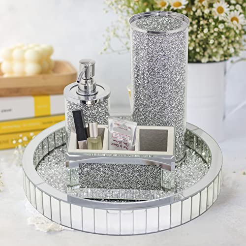 Hmrcyte Silver Mirror Makeup Brush Holder Organizer, 3 Slot Crystal Glass Cosmetic Brush Storage Holder, Bling Crushed Diamond Pen Pencil Holder For Vanity, Luxury Eyeliner Display Case For Home Decor #TOP4