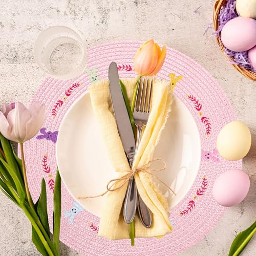 Sets de table ronds lapin rose brodés lavables pour protéger votre nappe - 8