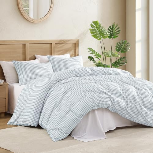 Image of Andency Gingham Duvet Cover Full Size, Blue Checkered Plaid Bedding Set, 3 Pieces Soft Prewashed Polyester Comforter Cover with Zipper Closure & Corner Ties