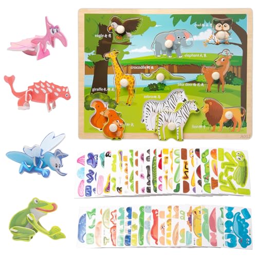 Puzzle Neikafan con Clavijas + 2 Piezas 3D Animales de Papel – Para Niños de 2-3 Años