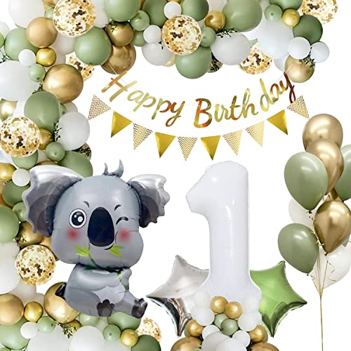 Globos de Cumpleaños 1 Año, Decoración de Cumpleaños 1 Año Niño, Decoración Jungla Cumpleaños, 106 Globos Koala Verde Blanco con Guirnalda de Feliz Cumpleaños, Fiesta Cumpleaños 1 para Niños Niña