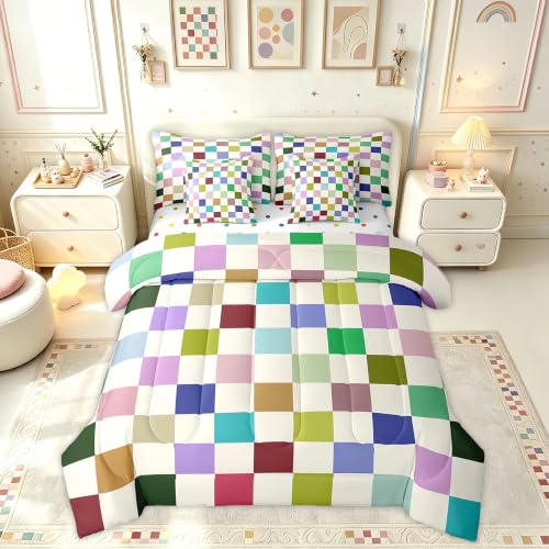 Image of Feelyou Colorful Checkered 7 Piece Bedding Set Teen Retro Modern Geometric Colorful Comforter Set with Sheets King Size Kids Boys Cute Neutral Plaid Bed in a Bag Vintage Aesthetic Room Decor