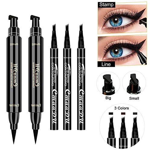 Eyeliner Stamp and Eye Brow Pen for women 5 in 1, Liquid Eyeliner Waterproof Eyeliner Cat Eye Winged Eyeliner Stamp, 3 Colors Eyebrow Pen Smudge-proof Waterproof Easy Apply and Remove for Beginner