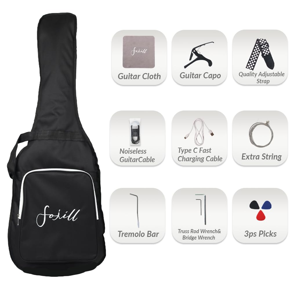 Fojill Coole Form E-Gitarren-Set, Anfänger-Starter-Kombi-Paket, 10 W Akku, Bluetooth-Verstärker, Zubehör, 600D-Gigbag, Plektren, Kabel, Gurt, zusätzliche Saiten (Metallic-Blau)