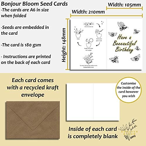 Bonjour Bloom | Plantable Seed Cards Eco-Friendly (Single Card - Beeautiful Bday) | A6 Biodegradable Seed Paper, Birthday Gretings Cards, Animal