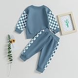 BeQeuewll Fall Winter Toddler Baby Boy Clothes 2Pcs Color Block Crewneck Sweatshirt and Pants Sweatsuit Little Boy Clothing (Checkboard Blue, 0-6 Months)