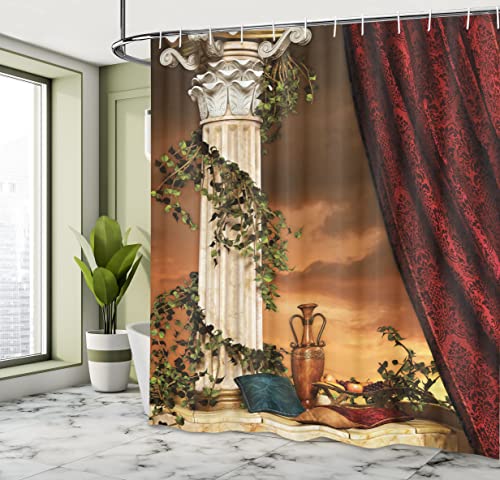 ABAKUHAUS Gothic Shower Curtain, Greek Style Scene Climber Pillow Fruits Vine and Red Curtain Sunset - Image 4