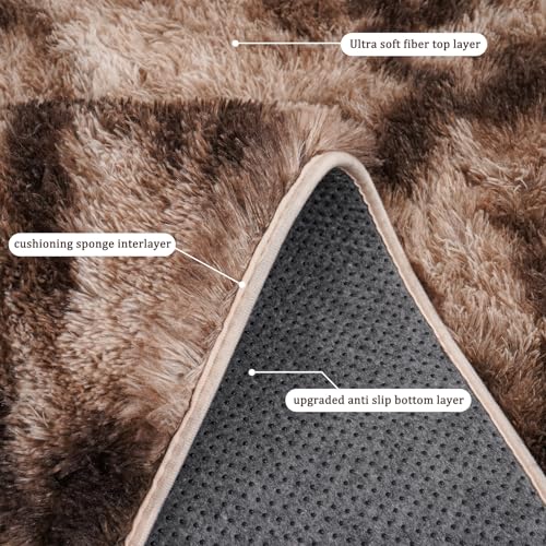 Rugs for Living Room 9x12, Soft Shaggy Modern Shag Area Rug for Bedroom, Upgrade Non-Slip Plush Fluffy Carpet for Kids Boys Girls Room Home Decor Aesthetic, Tie-Dyed Brown