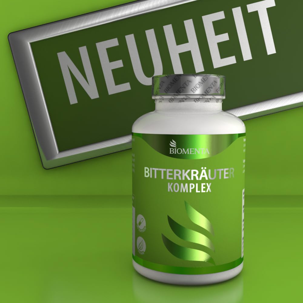 BIOMENTA Bitterkräuter Komplex - 185 hochdosierte, synergetisch zusammengestellte Bitterstoffe Kapseln mit 7 Bitterkomplex - ohne Alkohol + vegan - Premiumqualität