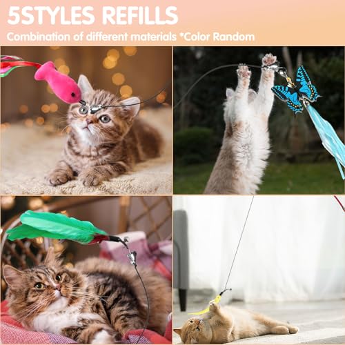 Image of Retractable Cat Toy Wand 12 Packs Interactive Cat Feather Toys | , 9 Assorted Teaser Refills with Bell for Kitten (Pink)