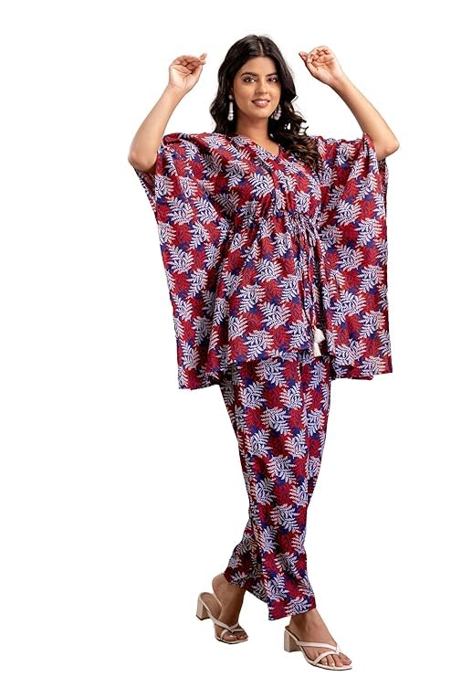 Printed Cotton Kaftan Loungewear Set, Floral Pattern, Attires Co Ord Set | v-neck |Casual Comfort Fit with Drawstring-image-2