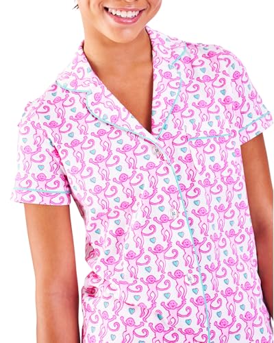 Image of Womens Pajamas Set Trendy 2 Piece Button Down Monkey Bunny Beach Shorts Set Y2k Preppy Loungewear Pjs for Gift Party(Lovely Monkey, Small)