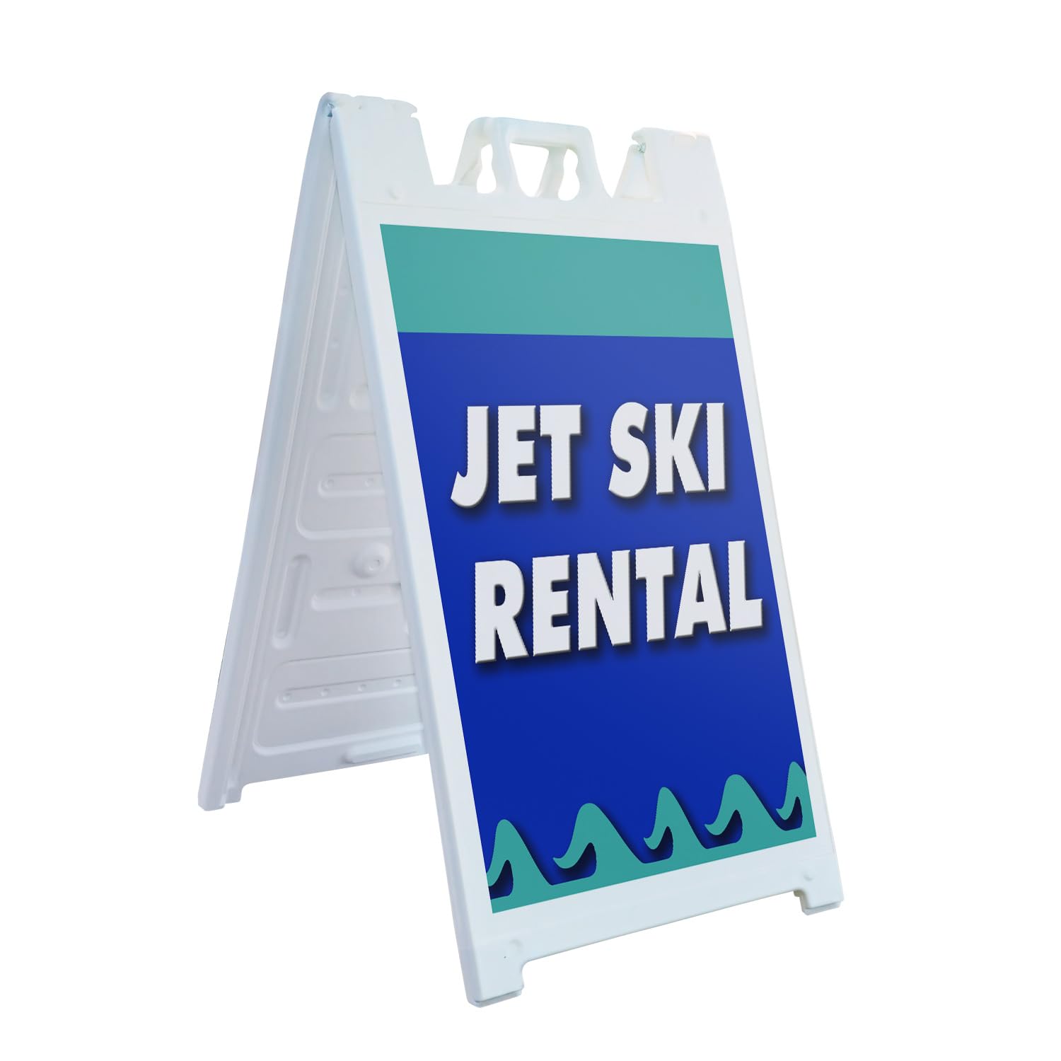 A-Frame Sidewalk Jet Ski Rental 24" x 36" Double Sided A-Frame Sidewalk Sign, Includes 2 Installed Vinyl Decals | Foldable Portable White Signicade