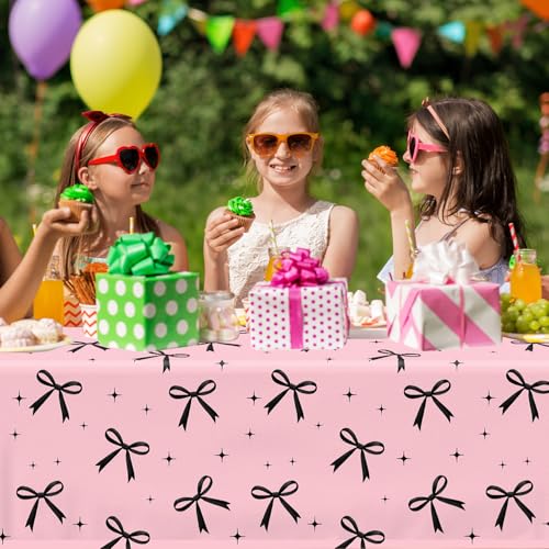 Image of 3Pcs Pink Bow Tablecloth,Black Bow Table Decor,Coquette Birthday Decorations Black,Disposable Waterproof Party Supplies for Girls Baby Shower,Bridal Shower,Bachelorette Party