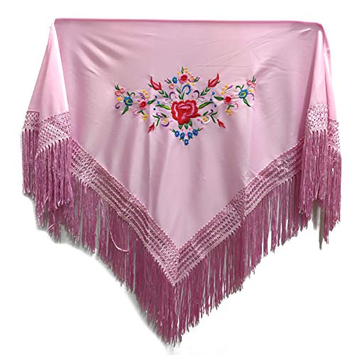 MUNDDY® - Manton Bordado en Flores Para niña. Mantones Flamenco Sevillana.Mantón para fiesta de Color Rojo Negro Rosa Blanco Amarillo Azul. Envio desde madrid con seguimiento. … (Rosa)