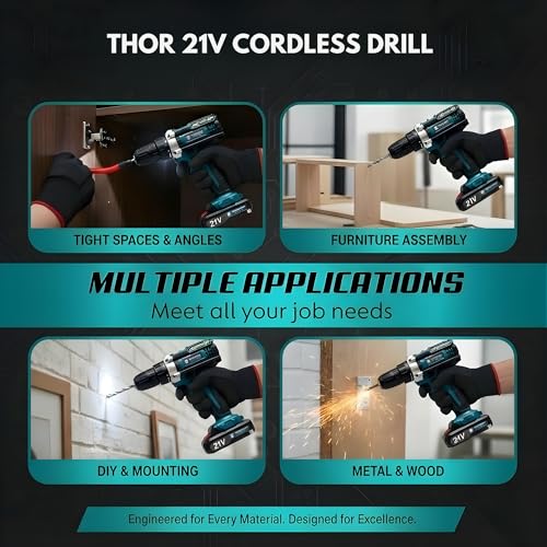 Image of THOR 21V Cordless Drill Driver Set with 2 Lithium-Ion Batteries, 10mm Keyless Chuck, V Torque Settings, Flexible Shaft Extension, Accessory Kit & Carrying Case