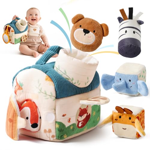 Image of Youuys Travel Sensory Toys for Babies 6-12 Months & Toddlers 1-3 Year Old On-The-Go Montessori Soft Stuffed Animal Set with Crinkle, Rattle, Safe Mirror Educational for Kids Boy Girl